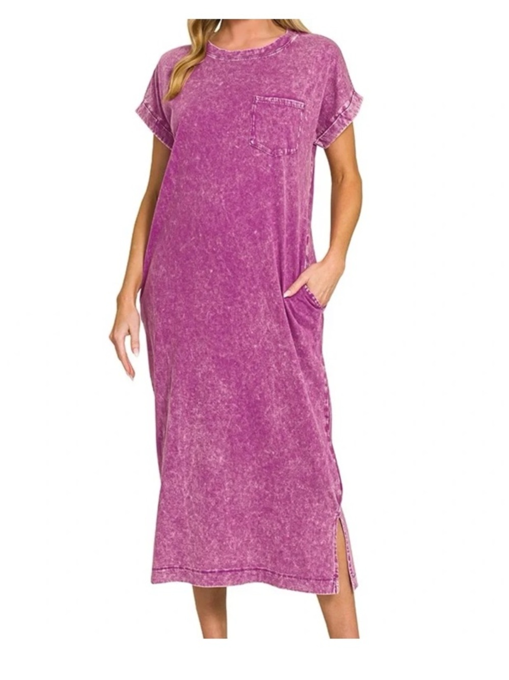 Time and Tru Washed Raspberry Pocket Midi Dress
